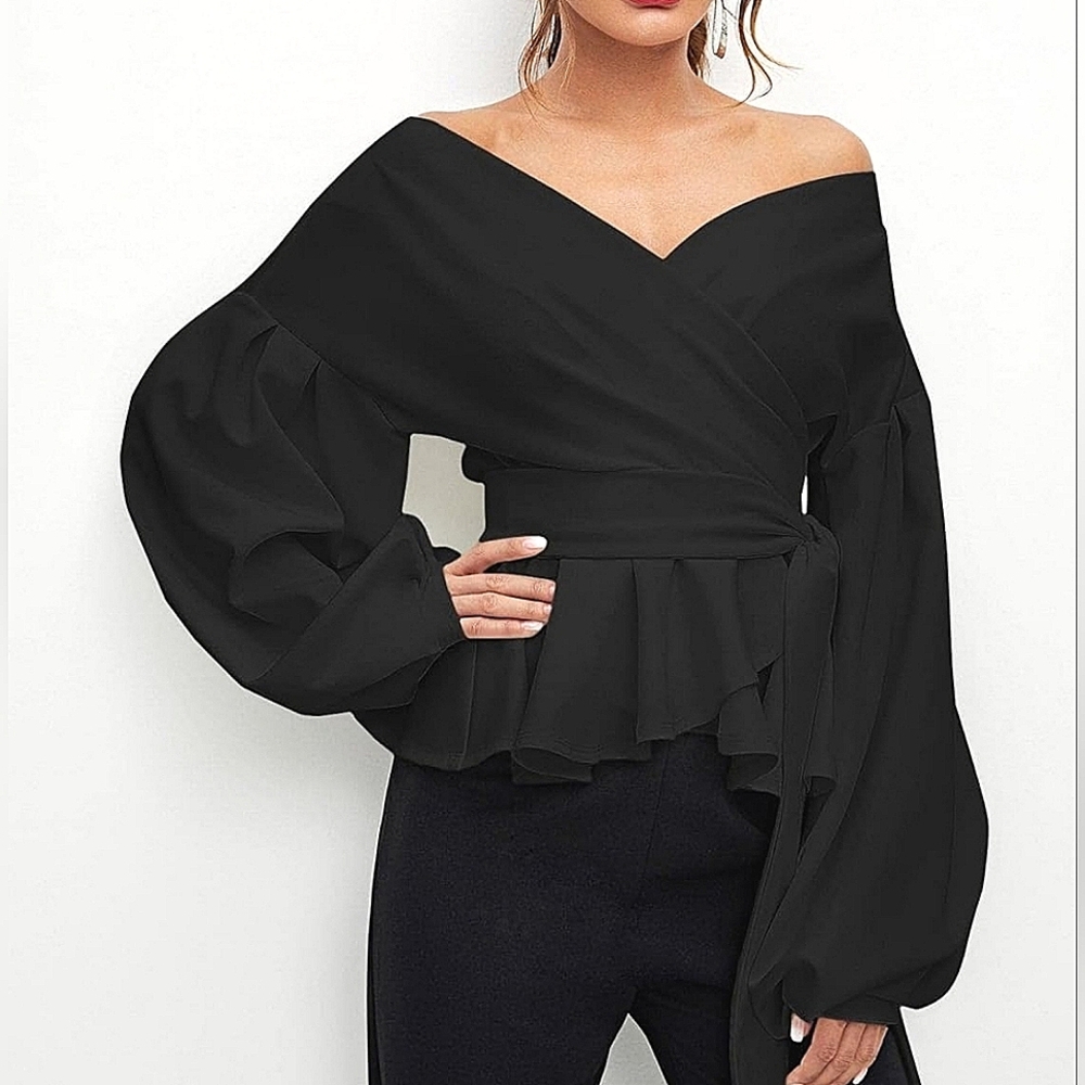 New Chic Off Shoulder Wrap Peplum Top Blouse Lantern Long Sleeve Black